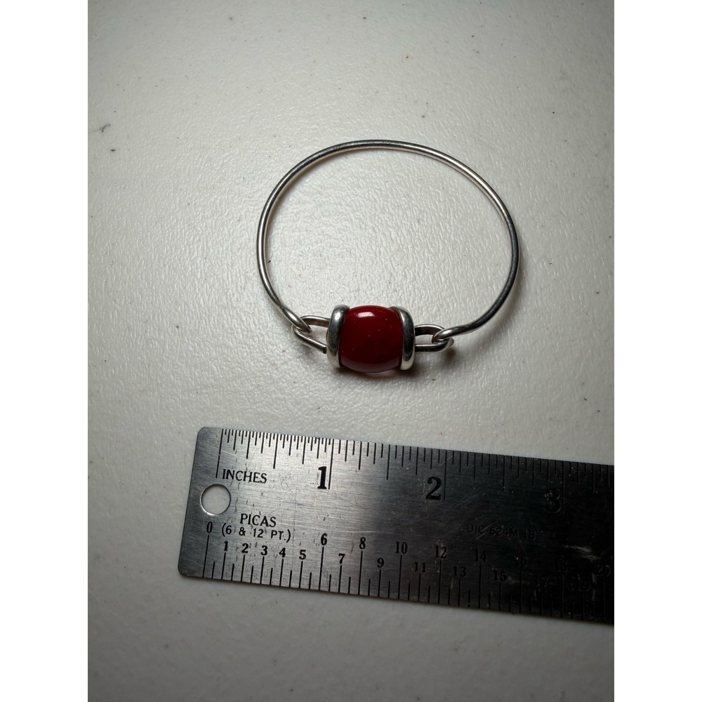 Sterling‎ Silver Red Glass Bead Hook Bangle Bracelet Minimalist Artisan Jewelry